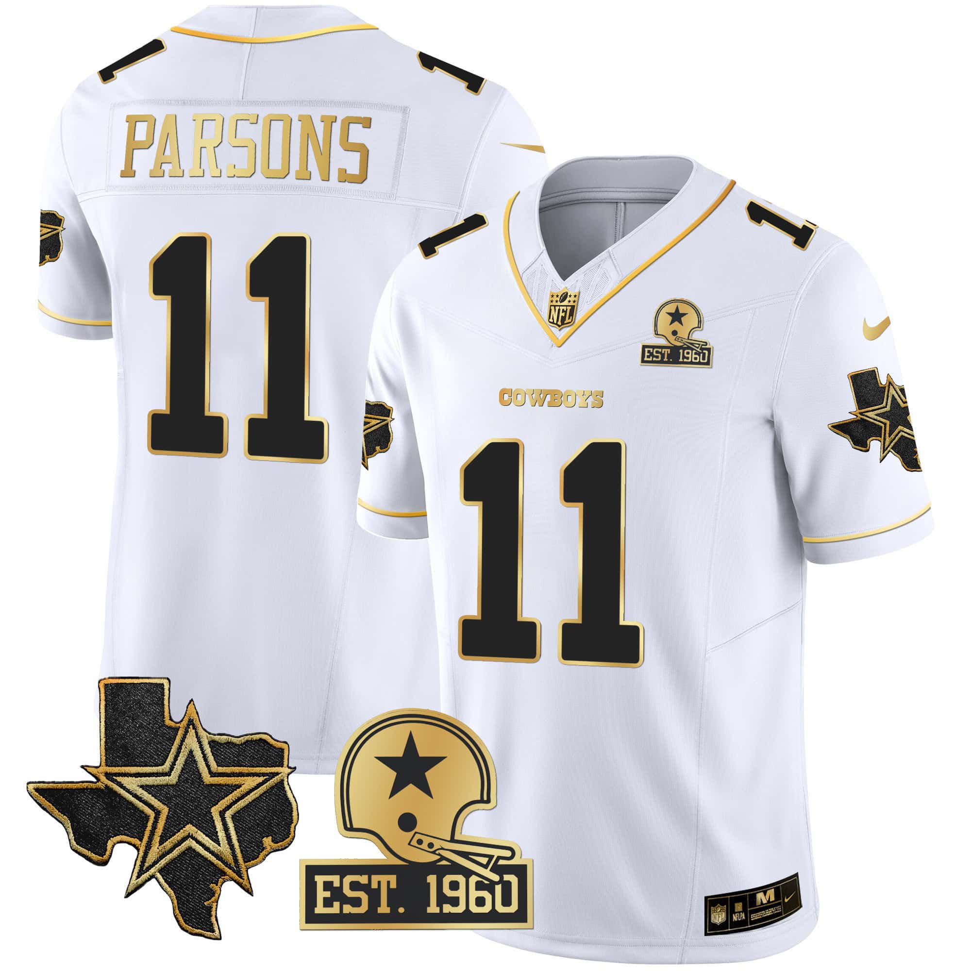 Men Dallas Cowboys #11 Parsons White Gold 2024 Nike Patch Vapor NFL Jersey